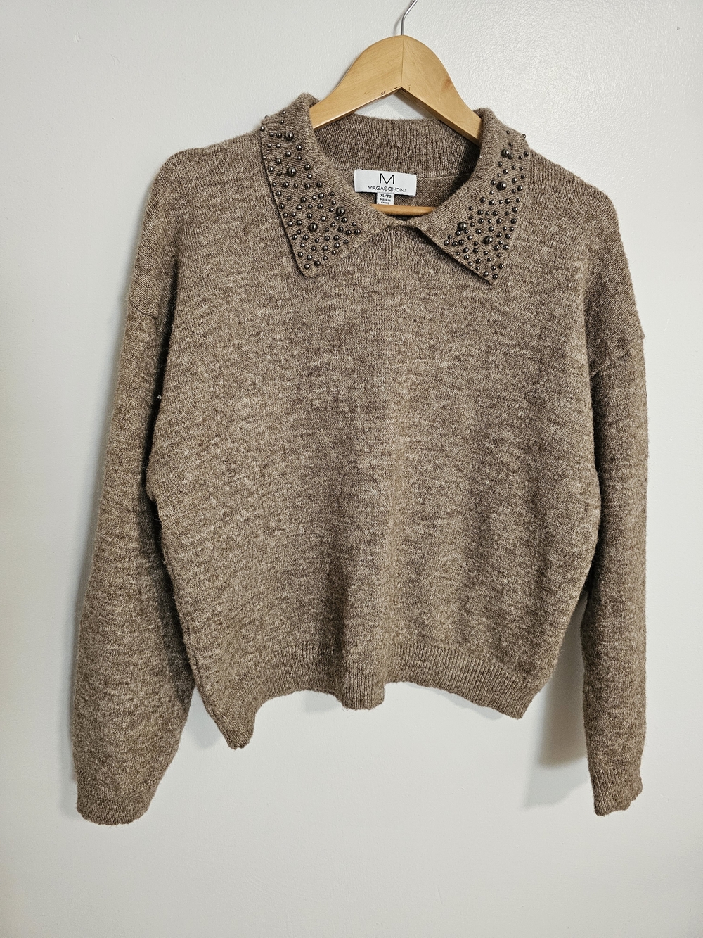 Magaschoni Wool Blend Sweater Knit Brown Stud-Accent Collar Size XL